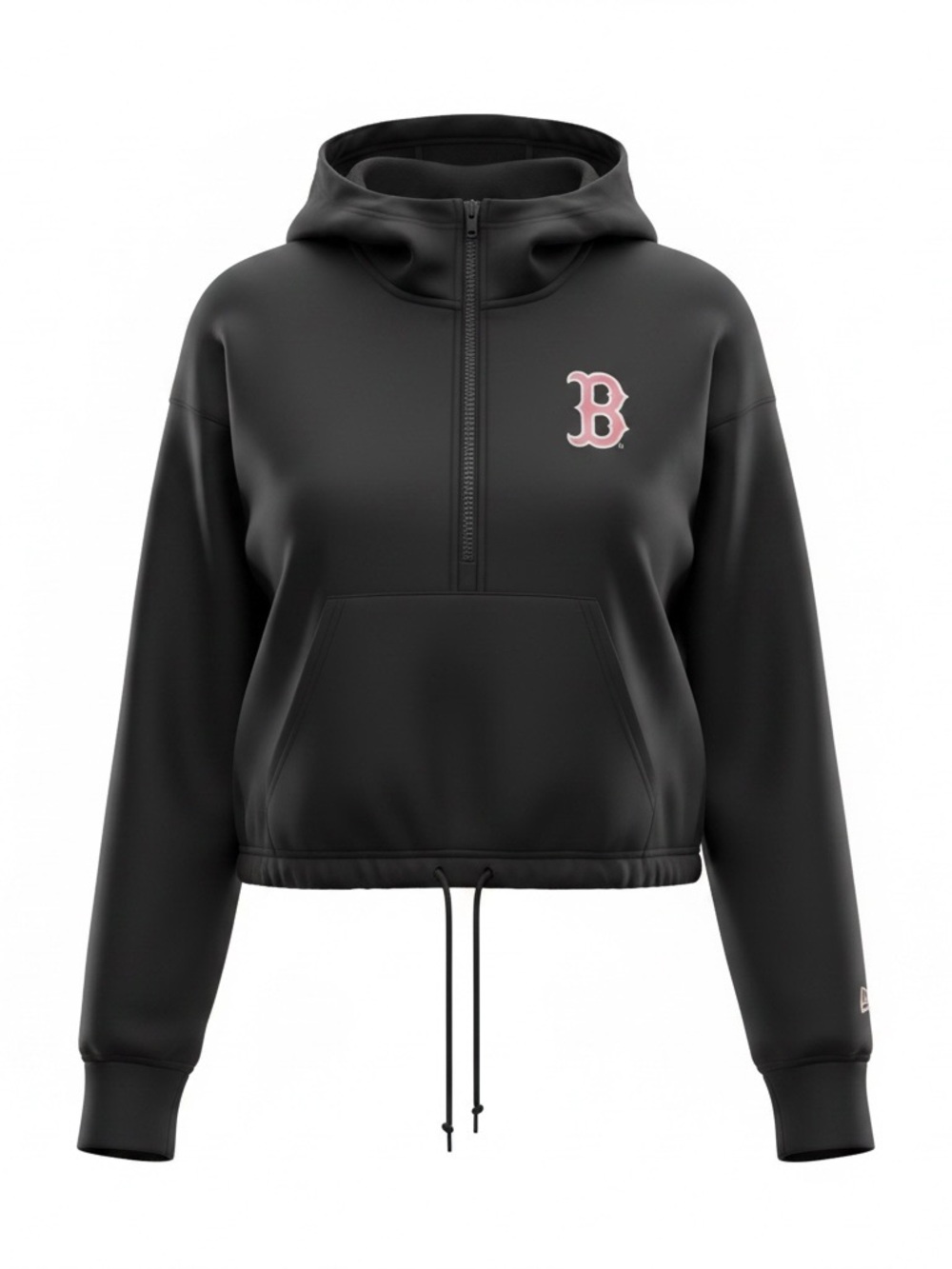 New Era Black Quarter-Zip Hooded Varsity Jacket with Pink 'Boston’ Logo. Size L
